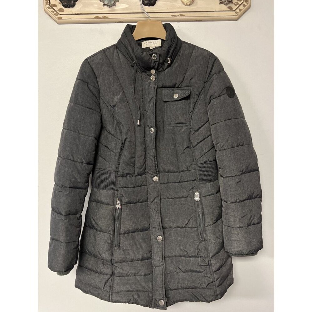 Laundry Shelli Segal Black Quilt Puffer Midi Jacket Zipper Snap Closures Medium